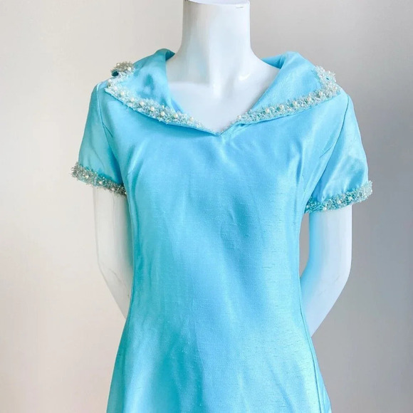 Vintage Light Blue 50s 60s Beaded Detail Short Sleeve Mini Dress S - Picture 5 of 11
